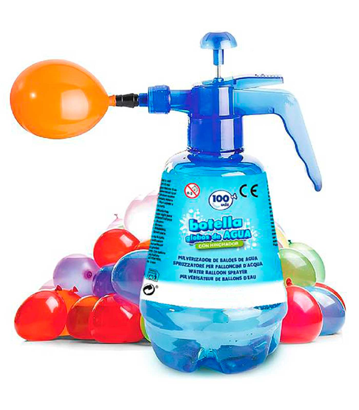 Tradineru - Botella de plástico para llenar globos de agua, incluye 100 globos, llenado súper rápido, inyector, hinchador, inflador, verano - 1,5 litros - Color aleatorio