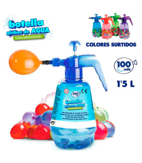 Tradineru - Botella de plástico para llenar globos de agua, incluye 100 globos, llenado súper rápido, inyector, hinchador, inflador, verano - 1,5 litros - Color aleatorio