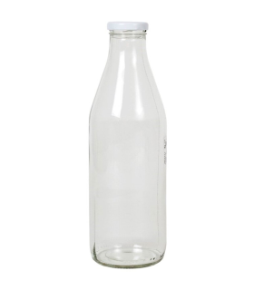 Tradineur - Botella de cristal para leche, botella para bebidas con tapa de rosca, batidos, zumos, licuados de verduras, salsas, frigorífico (Tapa blanca, 1 litro)