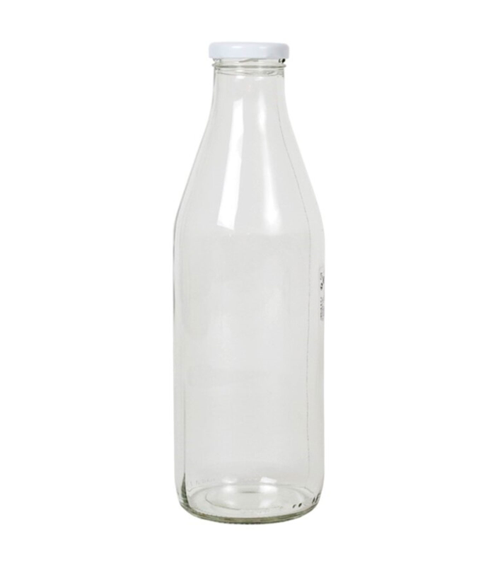 Tradineur - Botella de cristal para leche, botella para bebidas con tapa de rosca, batidos, zumos, licuados de verduras, salsas, frigorífico (Tapa blanca, 1 litro)