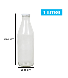 Tradineur - Botella de cristal para leche, botella para bebidas con tapa de rosca, batidos, zumos, licuados de verduras, salsas, frigorífico (Tapa blanca, 1 litro)