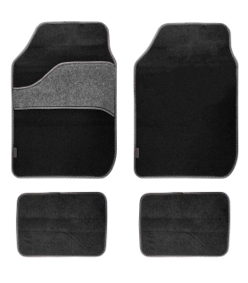 Tradineur - Set de 4 alfombrillas de terciopelo universales para coche, alfombras delanteras y traseras con goma flexible para vehículos, negro y gris, modelo aleatorio