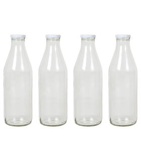 Tradineur - Pack de 4 botellas de cristal para leche, bote para bebidas con tapa de rosca, batidos, zumos, licuados de verduras, salsas, frigorífico (Tapa blanca, 1 litro)