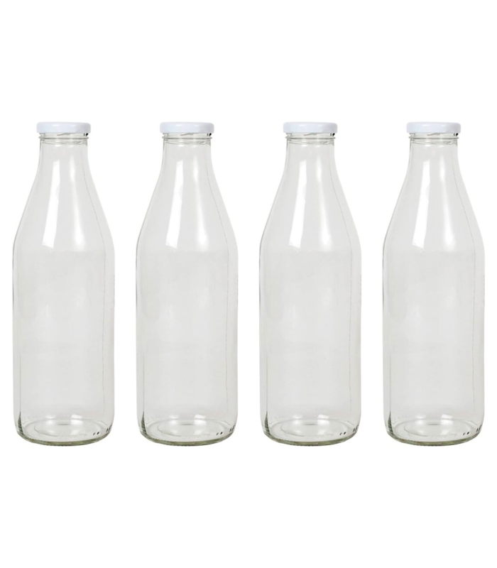 Tradineur - Pack de 4 botellas de cristal para leche, bote para bebidas con tapa de rosca, batidos, zumos, licuados de verduras, salsas, frigorífico (Tapa blanca, 1 litro)