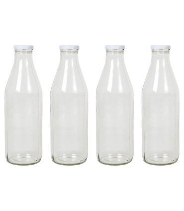 Tradineur - Pack de 4 botellas de cristal para leche, bote para bebidas con tapa de rosca, batidos, zumos, licuados de verduras, salsas, frigorífico (Tapa blanca, 1 litro)