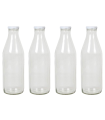 Tradineur - Pack de 4 botellas de cristal para leche, bote para bebidas con tapa de rosca, batidos, zumos, licuados de verduras, salsas, frigorífico (Tapa blanca, 1 litro)