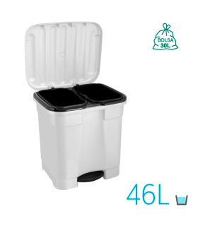 Tradineur - Cubo de basura con pedal y 2 compartimentos, plástico, contenedor basura, papelera con 2 cubos interiores, fabricado en España (Blanco - 46 litros - 45,5 x 43,5 x 39 cm)