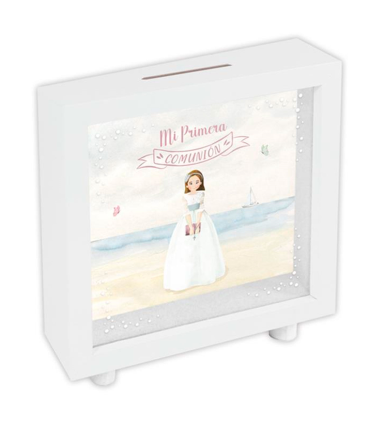 Tradineur - Hucha de Primera Comunión, madera y cristal estampado, personalizable con foto de 13,3 x 13,3 cm, regalo original, 16,5 x 15 x 5 cm (Blanco - Niña)