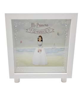 Tradineur - Hucha de Primera Comunión, madera y cristal estampado, personalizable con foto de 13,3 x 13,3 cm, regalo original, 16,5 x 15 x 5 cm (Blanco - Niña)