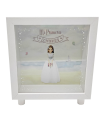 Tradineur - Hucha de Primera Comunión, madera y cristal estampado, personalizable con foto de 13,3 x 13,3 cm, regalo original, 16,5 x 15 x 5 cm (Blanco - Niña)