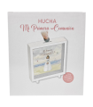 Tradineur - Hucha de Primera Comunión, madera y cristal estampado, personalizable con foto de 13,3 x 13,3 cm, regalo original, 16,5 x 15 x 5 cm (Blanco - Niña)