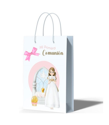 Tradineur - Pack de 12 bolsas medianas de papel para Primera Comunión, incluyen lazo rosa, guardar regalos, fiestas, celebraciones religiosas (Niña - 27 x 21 cm)