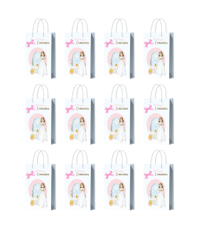 Tradineur - Pack de 12 bolsas medianas de papel para Primera Comunión, incluyen lazo rosa, guardar regalos, fiestas, celebraciones religiosas (Niña - 27 x 21 cm)