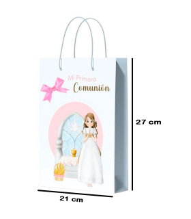 Tradineur - Pack de 12 bolsas medianas de papel para Primera Comunión, incluyen lazo rosa, guardar regalos, fiestas, celebraciones religiosas (Niña - 27 x 21 cm)