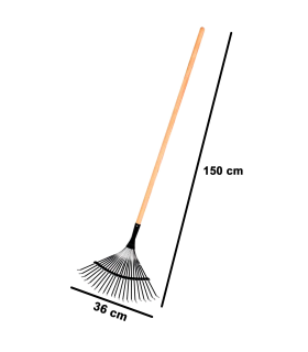 Tradineur - Rastrillo de jardín con mango de madera, cabeza metálica con 22 púas, dientes largos, escoba para barrer hojas, césped, ligero y resistente - 150 x 36 cm