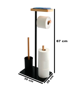 Tradineur - Portarrollos de pie para papel higiénico con escobillero y soporte para teléfono - Forma L - Fabricado en Acero, bambú y polipropileno, moderno, baño, aseo - 67 x 30 x 20 cm