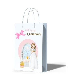 Tradineur - Pack de 12 bolsas pequeñas de papel para Primera Comunión, incluyen lazo rosa, guardar regalos, fiestas, celebraciones religiosas (Niña - 21 x 14,7 cm)