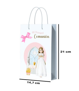 Tradineur - Pack de 12 bolsas pequeñas de papel para Primera Comunión, incluyen lazo rosa, guardar regalos, fiestas, celebraciones religiosas (Niña - 21 x 14,7 cm)