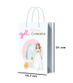 Tradineur - Pack de 12 bolsas pequeñas de papel para Primera Comunión, incluyen lazo rosa, guardar regalos, fiestas, celebraciones religiosas (Niña - 21 x 14,7 cm)