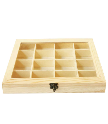 Tradineur - Caja de madera con 16 compartimentos y tapa con cristal, expositor de joyas, organizador, joyero, collares, pendientes, relojes, 27 x 19,8 x 3,8 cm, cierre y base aleatorios