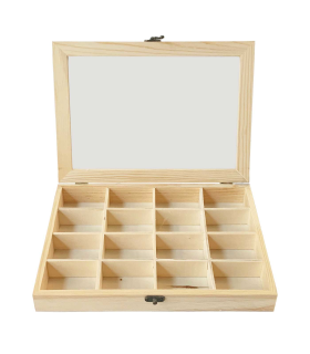 Tradineur - Caja de madera con 16 compartimentos y tapa con cristal, expositor de joyas, organizador, joyero, collares, pendientes, relojes, 27 x 19,8 x 3,8 cm, cierre y base aleatorios