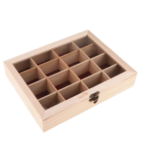 Tradineur - Caja de madera con 16 compartimentos y tapa con cristal, expositor de joyas, organizador, joyero, collares, pendientes, relojes, 27 x 19,8 x 3,8 cm, cierre y base aleatorios