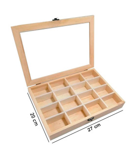 Tradineur - Caja de madera con 16 compartimentos y tapa con cristal, expositor de joyas, organizador, joyero, collares, pendientes, relojes, 27 x 19,8 x 3,8 cm, cierre y base aleatorios