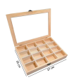 Tradineur - Caja de madera con 16 compartimentos y tapa con cristal, expositor de joyas, organizador, joyero, collares, pendientes, relojes, 27 x 19,8 x 3,8 cm, cierre y base aleatorios