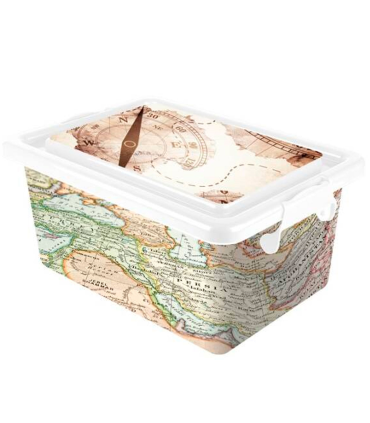 Tradineur - Caja de plástico con tapa y cierres laterales clip, cajón de almacenaje multiusos, ordenación, objetos, hogar, fabricada en España (Mapa Mundi, 13 litros, 38,5 x 27,5 x 18,5 cm)