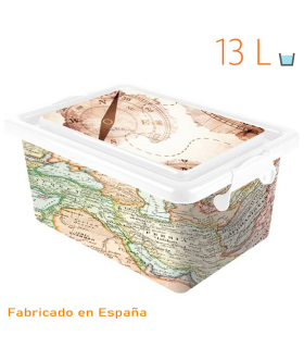 Tradineur - Caja de plástico con tapa y cierres laterales clip, cajón de almacenaje multiusos, ordenación, objetos, hogar, fabricada en España (Mapa Mundi, 13 litros, 38,5 x 27,5 x 18,5 cm)