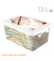 Tradineur - Caja de plástico con tapa y cierres laterales clip, cajón de almacenaje multiusos, ordenación, objetos, hogar, fabricada en España (Mapa Mundi, 13 litros, 38,5 x 27,5 x 18,5 cm)