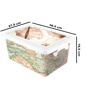 Tradineur - Caja de plástico con tapa y cierres laterales clip, cajón de almacenaje multiusos, ordenación, objetos, hogar, fabricada en España (Mapa Mundi, 13 litros, 38,5 x 27,5 x 18,5 cm)