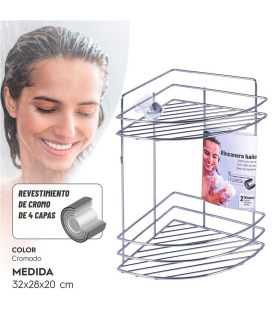 Tradineur - Estantería de baño de metal cromado, 2 baldas, esquinera, organizador de productos de aseo, higiene para colgar, pared, ducha, incluye tacos y tornillos (Gris, 32 x 28 x 20 cm)