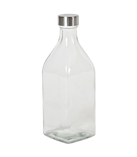 Tradineur - Botella de vidrio cuadrada con tapón de acero, cierre de rosca, agua, leche, batidos, zumos, licuados de verduras, salsas, frigorífico - 1 litro