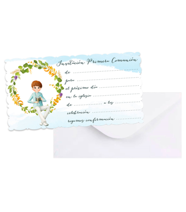 Tradineur - Set de 10 invitaciones para Primera Comunión con sobre, papel, amigos, familia, fiestas, celebraciones religiosas (Niño, 16 x 8,5 cm)