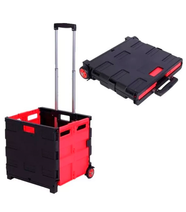 Tradineur - Carro con caja plegable y ruedas, mango telescópico, plástico y aluminio, carrito de la compra, transporte, maletero, máximo 25 kg (Rojo y negro - 98 x 42 x 40 cm)