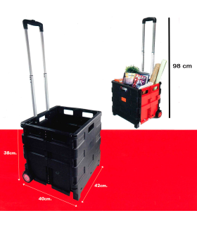 Tradineur - Carro con caja plegable y ruedas, mango telescópico, plástico y aluminio, carrito de la compra, transporte, maletero, máximo 25 kg (Rojo y negro - 98 x 42 x 40 cm)