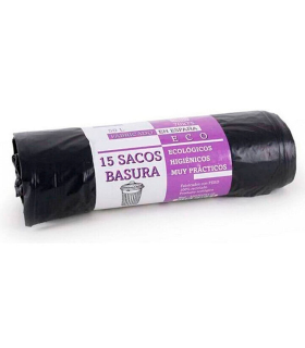 Tradineur - Pack de 15 bolsas de basura de plástico reciclado resistentes y antigoteo para papeleras y cubos de basura (Negro, 50 litros, 70 x 75 cm)