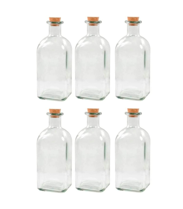 Tradineur - Pack de 6 botellas de cristal, frascas con tapón de corcho, recargable, con diseño tradicional, capacidad 1 litro, licores, vino, aguardiente