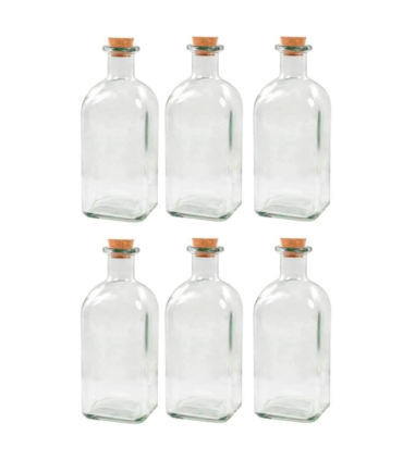 Tradineur - Pack de 6 botellas de cristal, frascas con tapón de corcho, recargable, con diseño tradicional, capacidad 1 litro, licores, vino, aguardiente