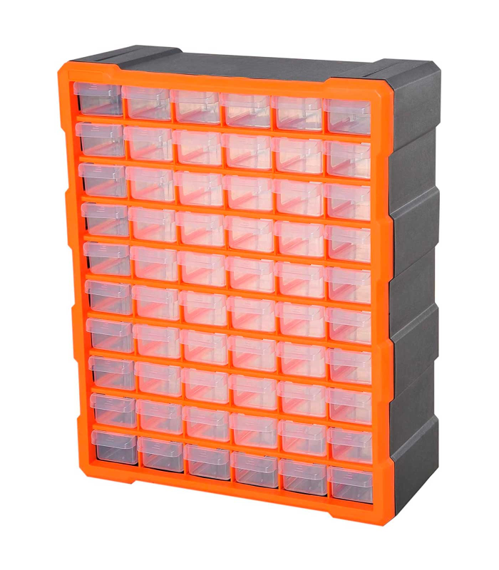 Tradineur - Caja organizadora de herramientas, multiclasificador con 60 cajones dobles transparentes, plástico, modulo, estante para tornillos, bricolaje - 47,5 x 38 x 16 cm