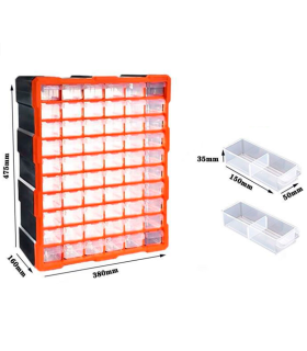 Tradineur - Caja organizadora de herramientas, multiclasificador con 60 cajones dobles transparentes, plástico, modulo, estante para tornillos, bricolaje - 47,5 x 38 x 16 cm