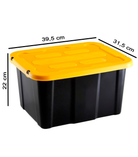 Tradineur - Caja de almacenaje apilable con tapa, plástico, cajón multiusos, ordenación, herramientas, hogar, fabricada en España (Amarillo y negro - 17 litros - 39,5 x 31,5 x 22 cm)