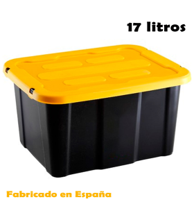 Tradineur - Caja de almacenaje apilable con tapa, plástico, cajón multiusos, ordenación, herramientas, hogar, fabricada en España (Amarillo y negro - 17 litros - 39,5 x 31,5 x 22 cm)