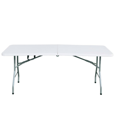 Tradineur - Mesa plegable de metal con superficie de plástico y asa de transporte, multiusos, playa, camping, eventos, catering (Blanco - 180 x 70 x 74 cm)