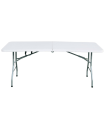 Tradineur - Mesa plegable de metal con superficie de plástico y asa de transporte, multiusos, playa, camping, eventos, catering (Blanco - 180 x 70 x 74 cm)