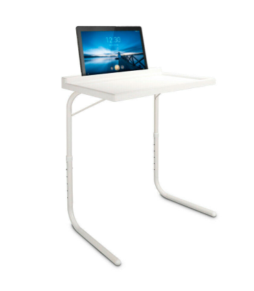 Tradineur - Mesa auxiliar plegable ajustable con ranura para tablets, regulable en altura e inclinación. Multifuncional, ideal para para dibujar, desayunar en la cama... (Blanco)