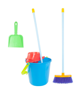 Tradineur - Kit de limpieza de juguete con 4 utensilios, plástico resistente, cubo, fregona, escoba y recogedor, barrer, fregar, regalo para niños, 60 x 23 x 23 cm, color aleatorio