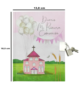 Tradineur - Diario de Primera Comunión + bolígrafo con linterna, tapa dura, incluye candado, 90 páginas decoradas, regalo original (Niña, Iglesia, 18,5 x 13,8 cm)