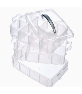 Tradineur - Caja organizadora de plástico, 3 baldas y asa, 30 compartimentos, divisores removibles, almacenamiento tornillos, botones, hilos (25 x 17 x 19 cm)